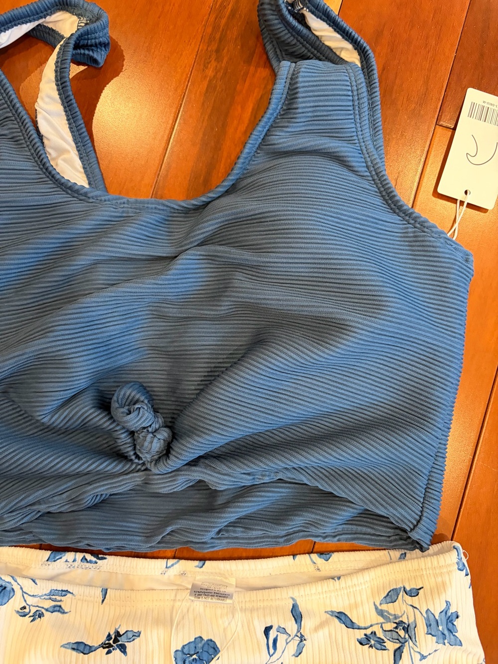 Blue Ribbed Tank Bikini Top with White & Blue Floral High-Waist Bottoms - Picture 2 of 5